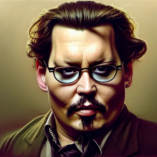 Image similar to wideangle!! portrait shot of fat johnny depp, intricate, elegant, highly detailed, centered, digital painting, artstation, concept art, smooth, sharp focus, illustration, artgerm, tomasz alen kopera, peter mohrbacher, donato giancola, joseph christian leyendecker, wlop, boris vallejo