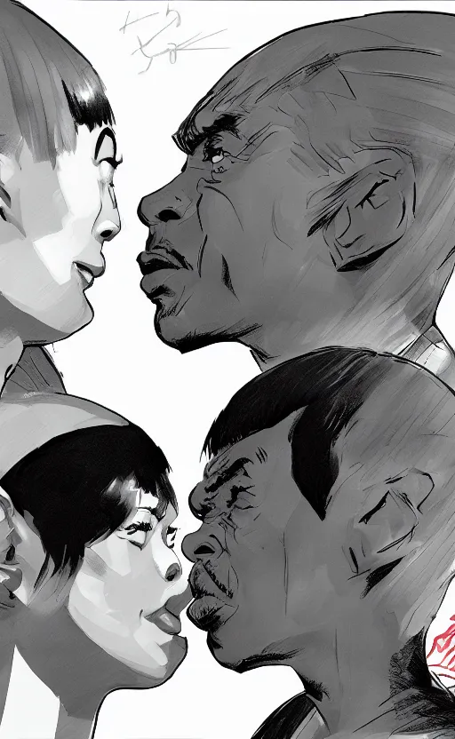 Image similar to Uhura and Spock caught about to kiss, surprise, cute, innocent, soft lighting, standing in a starbase bar, In style of Yoji Shinkawa and Hyung-tae Kim, concept art, highly detailed
