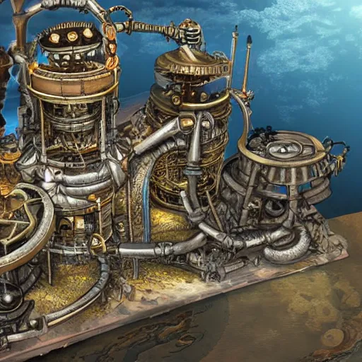 Prompt: a steampunk city on mechanical legs in the ocean