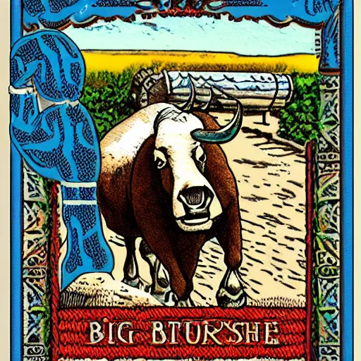 Prompt: big blue ox, rider waite style, tarot card