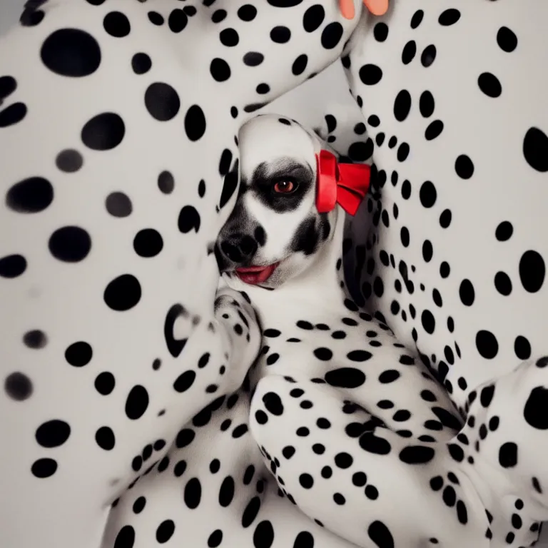 Prompt: vogue photoshoot octane render portrait of 1 0 1 dalmatian with white background, focus bright colorful pastel exotic vintage boutique hotel lounge, very short depth of field, bokeh