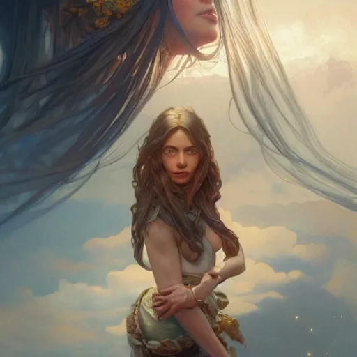 Image similar to giantess woman holding a small man in her hands, intricate, highly detailed, digital painting, artstation, concept art, smooth, sharp focus, illustration, unreal engine 5, 8 k, art by artgerm and greg rutkowski and alphonse mucha