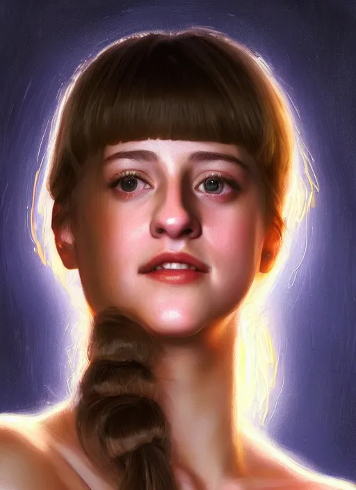 Image similar to portrait of teenage lili reinhart with bangs, smiling kindly, bangs, 1 9 6 0 s, ponytail, bangs and ponytail, intricate, elegant, glowing lights, highly detailed, digital painting, artstation, concept art, smooth, sharp focus, illustration, art by wlop, mars ravelo and greg rutkowski