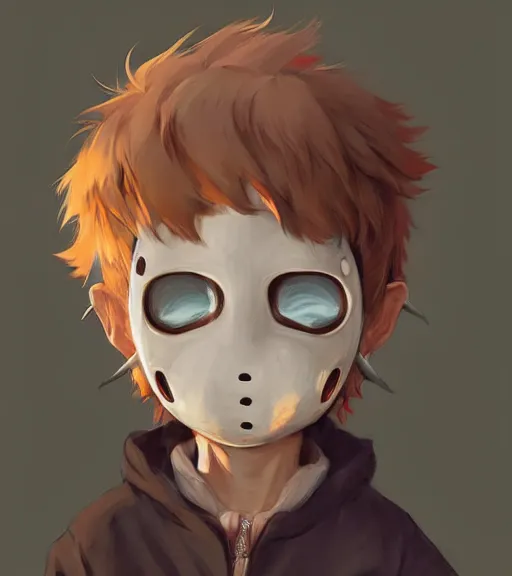 Image similar to beautiful little boy anime character inspired by jason voorhees, art by rossdraws, wlop, ilya kuvshinov, artgem lau, sakimichan and makoto shinkai, concept art, anatomically correct, extremely coherent, realistic, mask, smooth hd, 8 0 s haircut