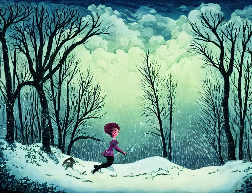 Prompt: lush chia pet frolicking in snowy woods, stormy skies. russian fairytale art, gouache, dynamic composition, backlighting