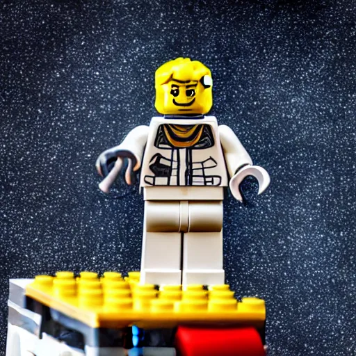 Prompt: closeup shot of lego astronaut that looks kind of like tom cruise ( eos 5 ds r, iso 1 0 0, f / 8, 1 / 1 2 5, 8 4 mm, postprocessed, bokeh )