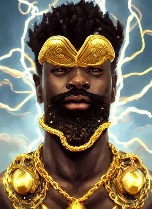 Image similar to a highly detailed illustration of bearded short haired fade african god of lightning, wearing gold chains on neck and arms, evil summoning lightning pose, moonlit clouds background, muscular, intricate, elegant, highly detailed, centered, digital painting, artstation, concept art, smooth, sharp focus, league of legends concept art, WLOP