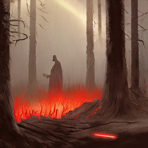 Prompt: darth vader in a burned forest facing away from the camera, concept art by Doug Chiang, cinematic, moody