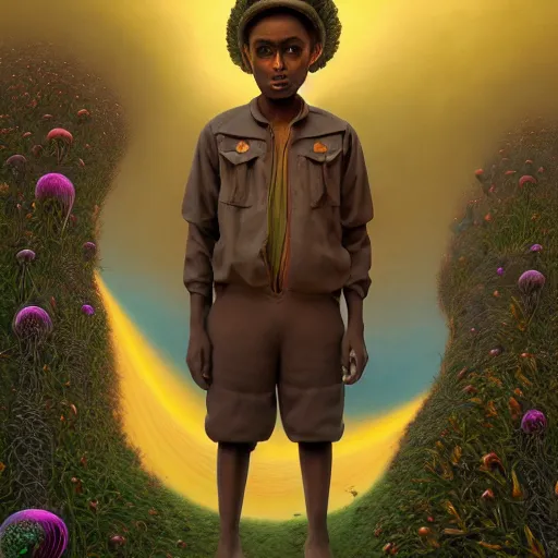 Image similar to a black boy dressed like an explorer in a field of candy, by Adi granov and afarin sajedi and amanda sage and evgeni gordiets and Agostino Arrivabene and adonna khare in a psychedelic portrait style, ultrarealistic matte painting, volumetric lighting, fractal, extremely symmetrical, highly detailed face, orisha, 8k, hd