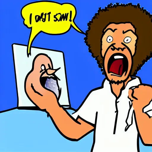 Image similar to angry bob ross screaming at laptop cartoon strip