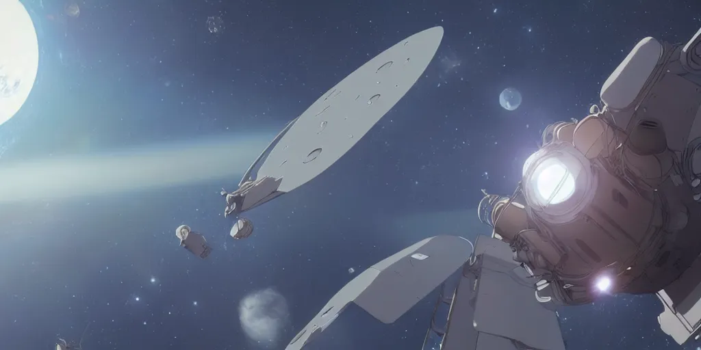 Image similar to a spacecraft moving towards earth by moebius and makoto shinkai, cinematic composition, wide shot