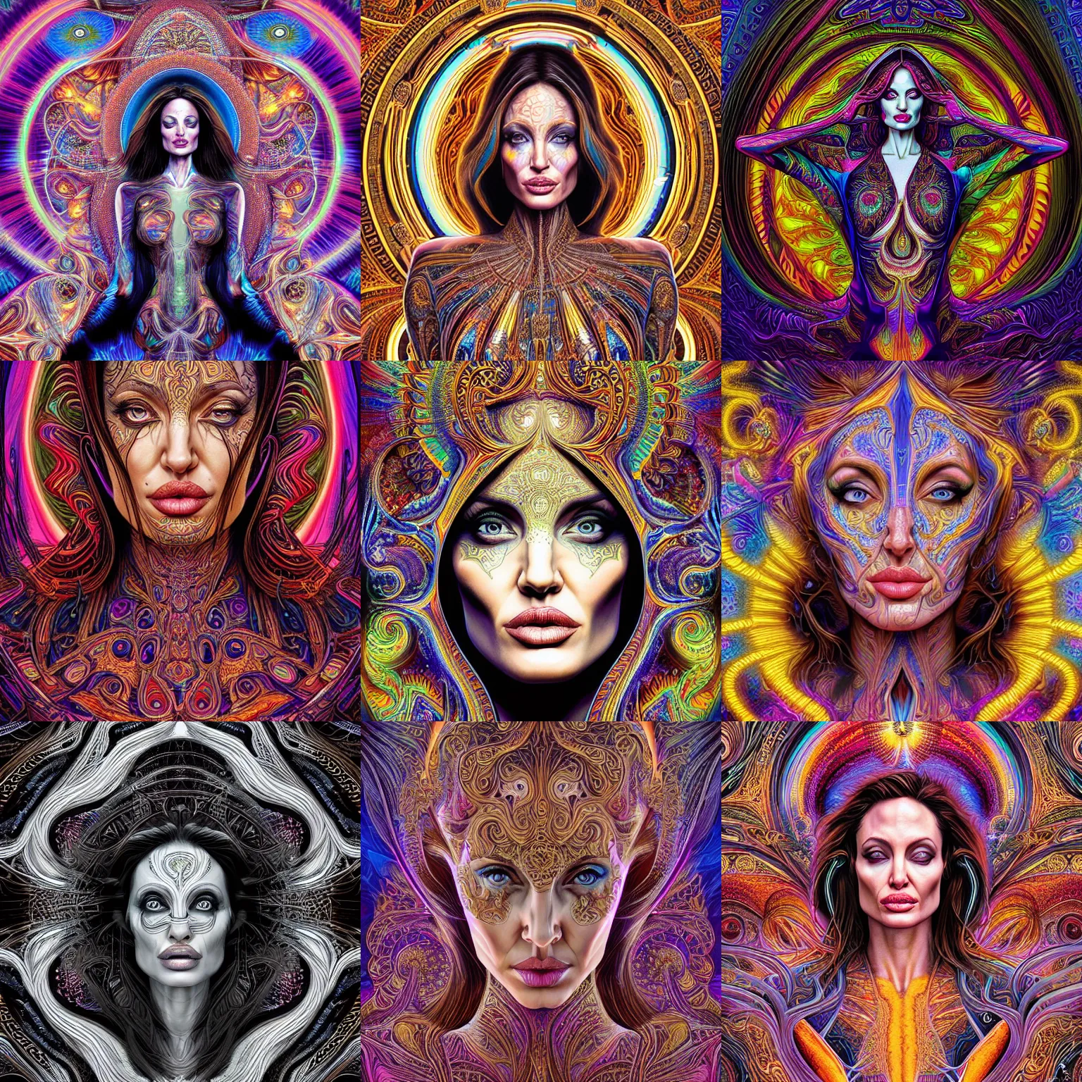 Prompt: a intricate ornate psychedelic image of a angelina jolie, digital art by felix kelly, alex grey, dan mumford, artgerm, psychedelic art, psychedelic, fractalism, fractals, sacred geometry, artstation, detailed, art, hyper realism, hyper detailed, cgsociety, ue 5, hd, 3 d
