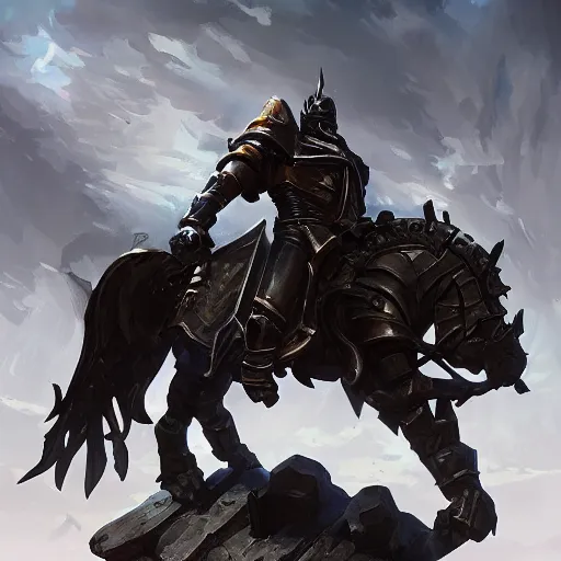 Image similar to a giant black chess knight statue, battlefield background, bright art masterpiece artstation. 8 k, sharp high quality artwork in style of jose daniel cabrera pena and greg rutkowski, concept art by tooth wu, hearthstone card game artwork, chess piece