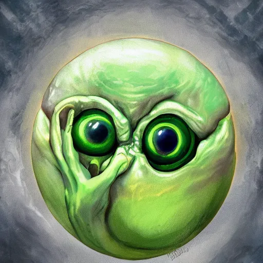 Prompt: a big one - eyed bumpy wrinkly ball sphere green pea, with boney arms and a single yellow eye of sauron, lovecraft, trending on artstation, 4 k, video game art, oil painting