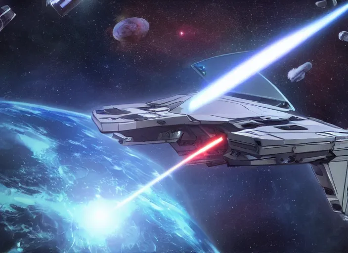 Image similar to small kinetic lance striking the force field of a futuristic spaceship, in orbit of a terra compatible world, space battle, lasers