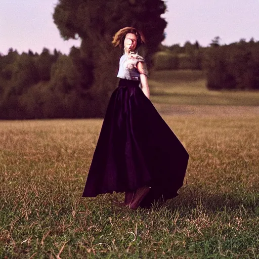 Image similar to realistic!!! photoshoot for a new dior lookbook, color film photography, portrait of a beautiful woman, location on a open field, in style of tyler mitchell, 35mm