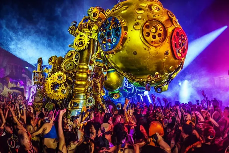 Image similar to scene is elrow party in ushuaia in ibiza, portrait photo of a giant huge golden and blue metal steampunk robot, with gears and tubes, eyes are glowing red lightbulbs, shiny crisp finish, 3 d render, 8 k, insaneley detailed, fluorescent colors, haluzinogetic, background is multicolored lasershow