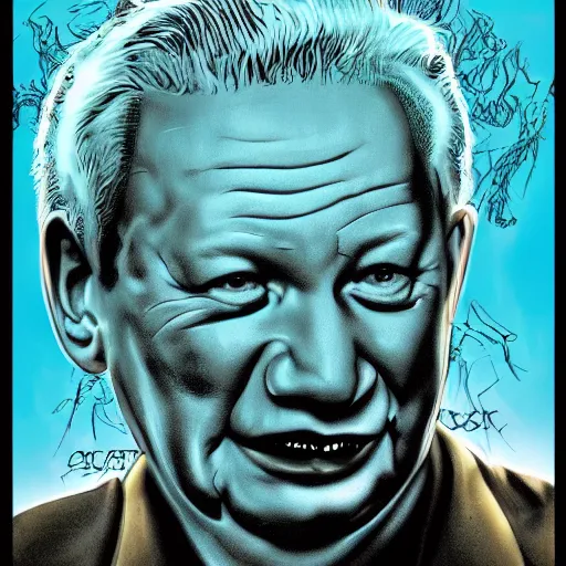 Prompt: yeltsin in hell, scary art in the style of a poster for a movie in a cinema, art in 4 k, detailed details