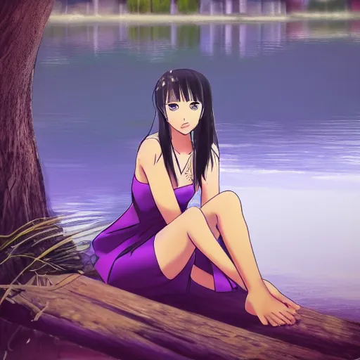 Prompt: elegant princess sitting by a lake, purple eyes, anime style, award winning art