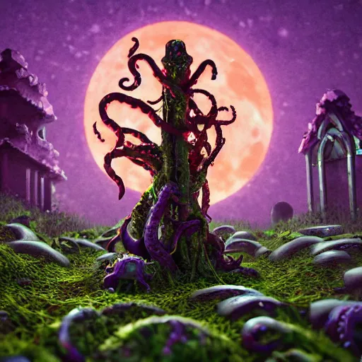 Image similar to voidless of the festival!, The Graveyard, blood moon tentacles!!, outsider art!!!, large group of crabs and worms, crawling along a bed of moss, low poly, creeper world, handcrafted, artstation, hyperrealistic, hard light, best practices, creeptastic, photorealism, macro perspective, cuddly