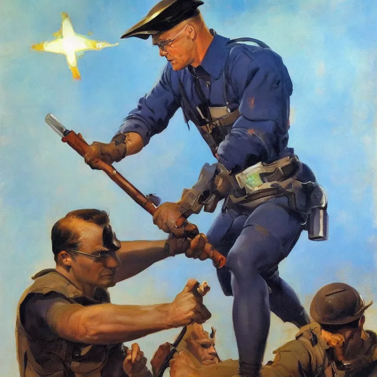 Prompt: a beautiful portrait painting in the style of frank frazetta of a half - life 2 civil protection officer holding a stun baton, blue backlight