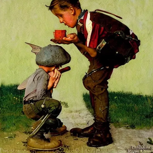 Prompt: A man and his little fairy friend. A painting by Norman Rockwell.