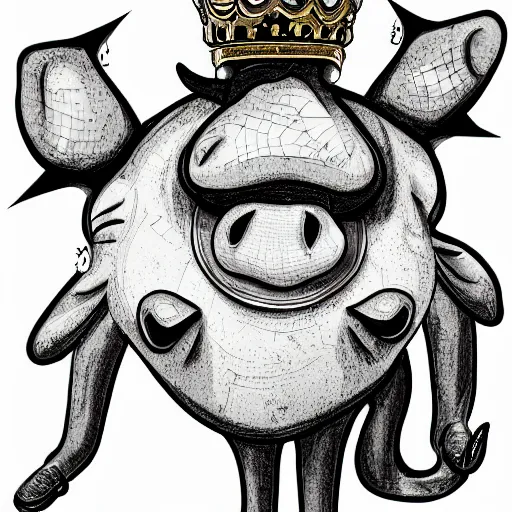 Image similar to black and white grunge cartoon sketch of a pig in a gold crown by - beeple , loony toons style, horror themed, detailed, elegant, intricate, outline