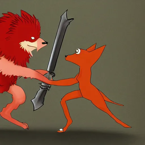 Prompt: a muscular red haired chicken, with human arms wearing glasses fighting a humanoid fox with a sword and shield