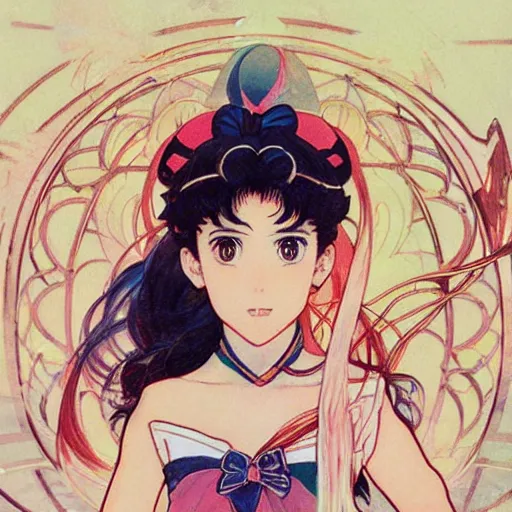 Prompt: Portrait of Sailor Moon by Naoko Takeuchi. Art by Greg Rutkowski and Alphonse Mucha