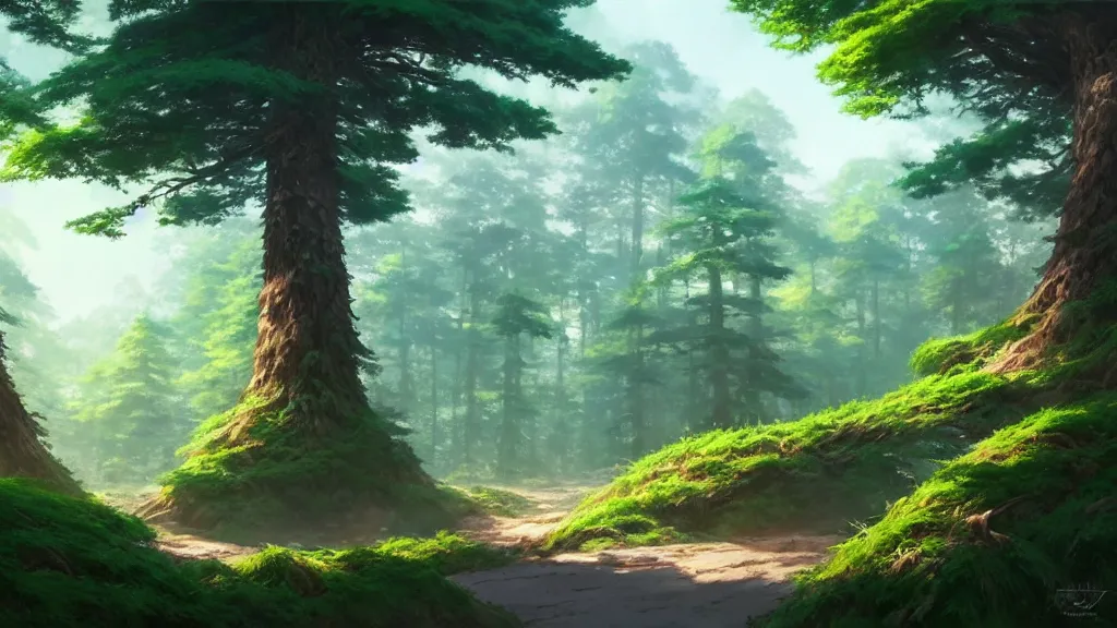 Image similar to forest clearing landscape, studio ghibli, pixar and disney animation, sharp, rendered in unreal engine 5, highly detailed, digital painting, artstation, concept art, smooth, sharp focus, illustration, wide angle, artbook, wallpaper, splash art, promo art, dramatic lighting, art by artgerm and greg rutkowski and bo chen and jin xiaodi