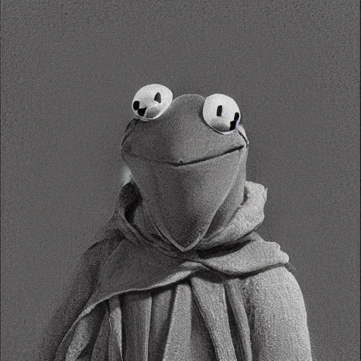 Image similar to Kermit the Frog from Sesame Street by Gustave Dore, full body grayscale drawing