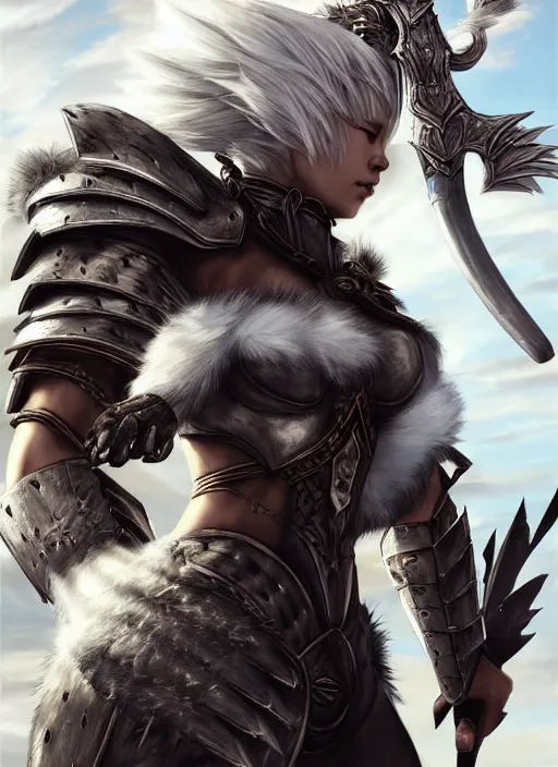 Image similar to warrior, fur - lined heavy armor!!! beautiful and athletic white hair female!! monster hunter!! character concept art, sharp focus, octane render! unreal engine 5! highly rendered!! trending on artstation!! detailed linework!! illustration by artgerm, wlop, and chie yoshii