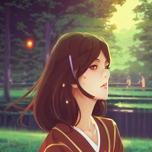 Prompt: a beautiful woman with long dark brown hair and tan skin, green eyes wearing a kimono, city landscape, 4k, anime key visual, lois van baarle, ilya kuvshinov, rossdraws, artstation