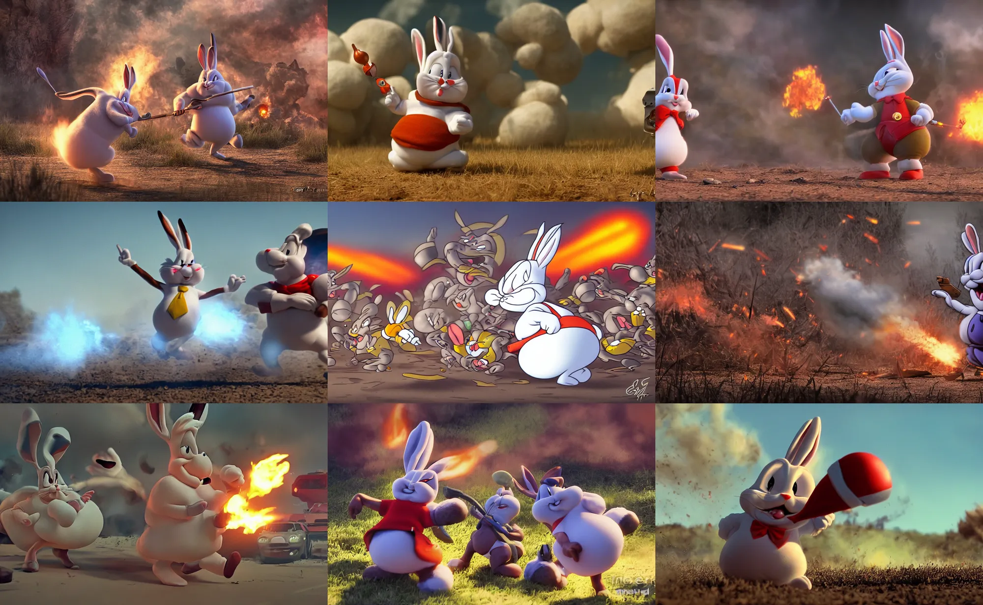 Prompt: cinematic shot of fat bugs bunny in the heat of battle by greg rutowski