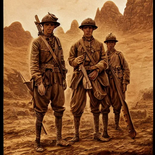 Image similar to ultra detailed photorealistic sepia - toned painting from 1 9 1 7, three british soldiers standing at an archaeological dig site in wadi rum, ultra realistic, painted, intricate details, lovecraft, atmospheric, dark, horror, brooding, highly detailed, by dave dorman