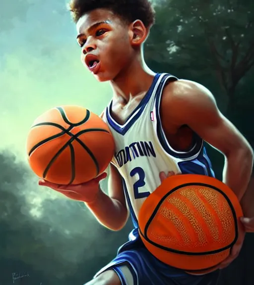 Prompt: portrait of a boy at a basketball court playing basketball wearing a basketball uniform in a basketball court attempting to score, intense emotion, detailed facial expression, detailed surroundings, intricate, elegant, highly detailed, centered, digital painting, artstation, concept art, smooth, sharp focus, illustration, by Peter Mohrbacher, WLOP