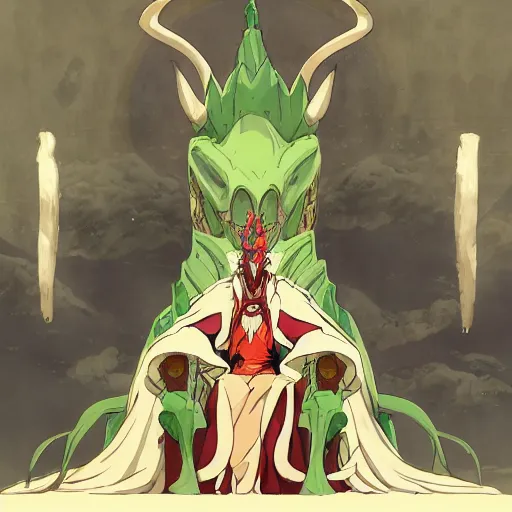 Image similar to concept art painting of an anthropomorphic dragon king with robes, a long dragon neck, and horned skull mask, sitting on a throne, anime style, cel shaded, in the style of makoto shinkai and james gurney and studio ghibli and moebius