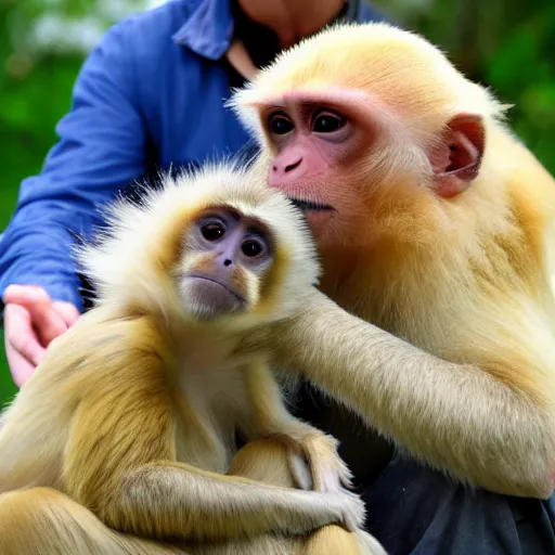 Image similar to capuchin monkey grooming golden retriever, picking lice meticulously