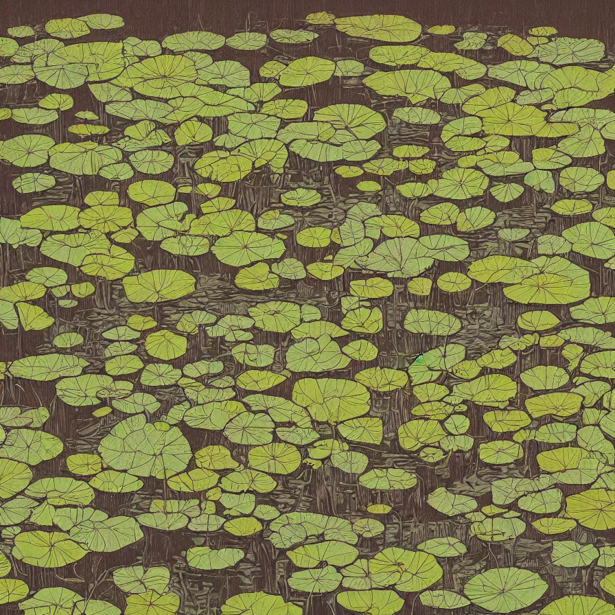 Image similar to Artwork illustrating a large swamp full of withered lotus plants.