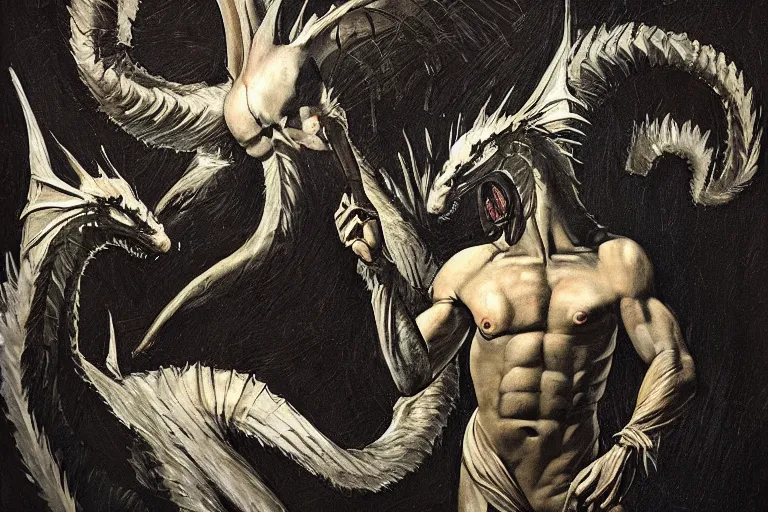 Image similar to caravaggio portrait of king ghidorah, dramatic lighting, chiascuro,