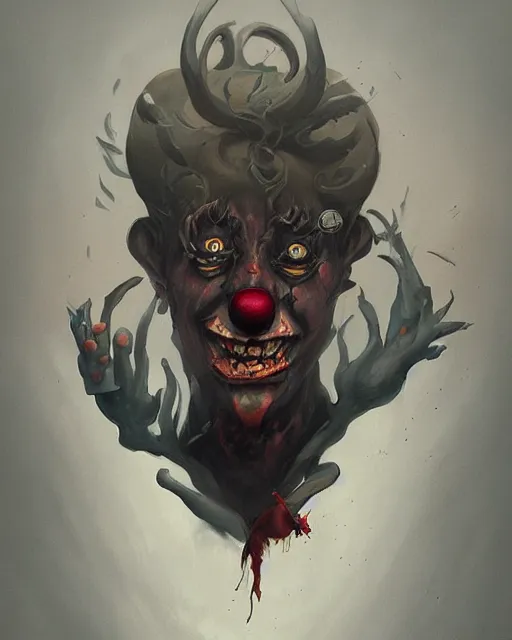 Image similar to portrait of a demonic clown by peter mohrbacher. trending on artstation