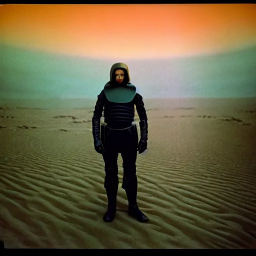 Image similar to colour aesthetic highly detailed photography scene from dune ( 2 0 2 1 ) by alejandro hodorovski and denis villeneuve and gregory crewdson style with ultra hyperrealistic very highly detailed faces. with many details by andrei tarkovsky and caravaggio in sci - fi style. volumetric natural light hyperrealism photo on fujifilm instax film
