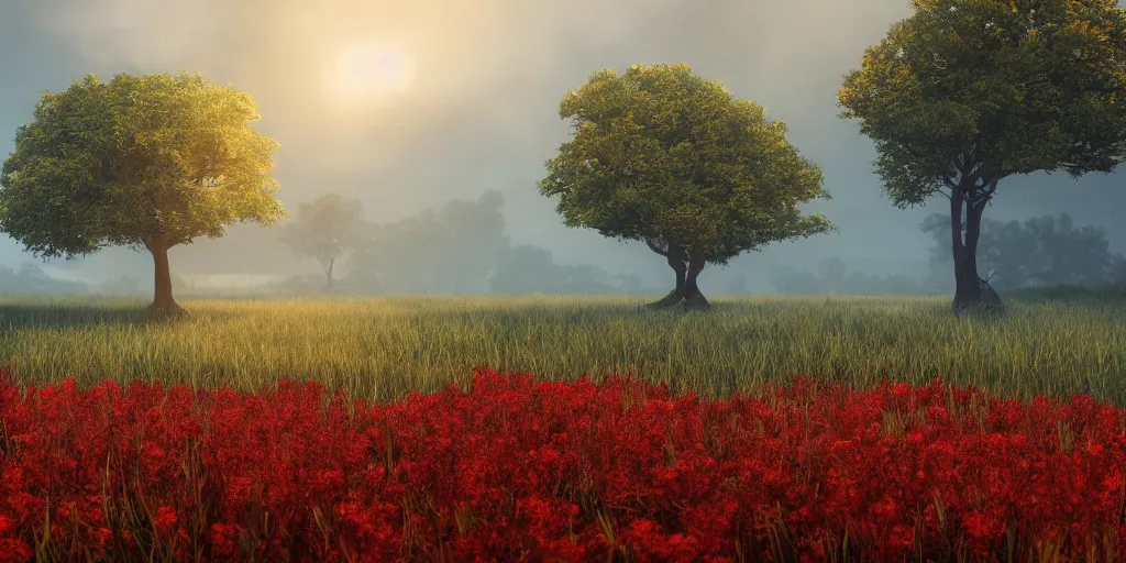 Image similar to a single big red tree in the middle of a battlefield near a bunch of red flowers at sunrise, hyperrealistic, concept art, octane render, unreal engine 5, trending on Artstation, high quality, 8K, dramatic lighting, cinematic, high coherence, highly detailed, Midjourney style, epic scene, path traced, low contrast, complementary colors