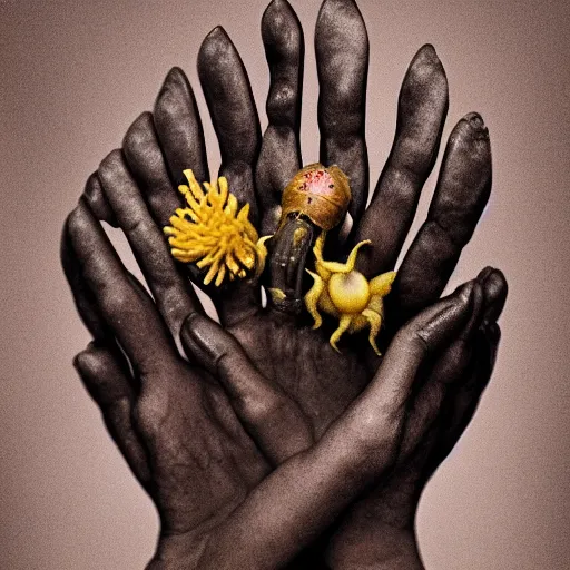 Prompt: disgusting disturbing dutch golden age bizarre mutant insect flower floral still life with many human toes realistic human toes blossoming everywhere very detailed fungus tumor disturbing tendrils bizarre slimy forms sprouting up everywhere by rachel ruysch black background chiaroscuro dramatic lighting perfect composition high definition 8 k 1 0 8 0 p