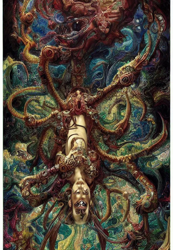 Image similar to simplicity, colorful muscular eldritch demons radiating town fractal, mandala, white bones, colorful gems, by h. r. giger and esao andrews and maria sibylla merian eugene delacroix, gustave dore, thomas moran, pop art, chiaroscuro, biopunk, art nouveau