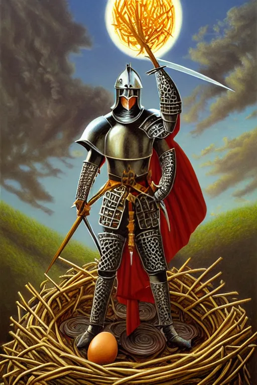 Prompt: classic oil painting, a medieval fantasy knight, as a dnd character, standing on a colossal empty bird nest, broken eggshells in the background, cottagecore, highly detailed, digital illustration, concept art, smooth, sharp focus, art by tim hildebrandt, and alex grey