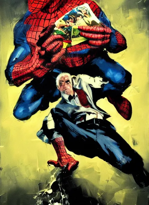 Prompt: j jonah jameson holding pictures of spider - man, angry, screaming, pictures flying, painting by phil hale, fransico goya,'action lines '!!!, graphic style, visible brushstrokes, motion blur, blurry, visible paint texture, crisp hd image