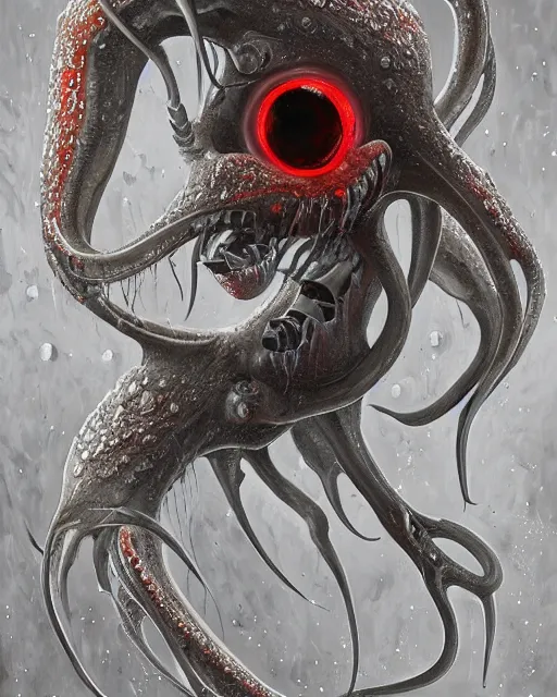 Image similar to Haunting horrifying detailed painting of a tall skinny extraterrestrial squid monster made of gelatinous fluid, floating teeth and bloodshot eyeballs, hyper detailed, trending on Artstation