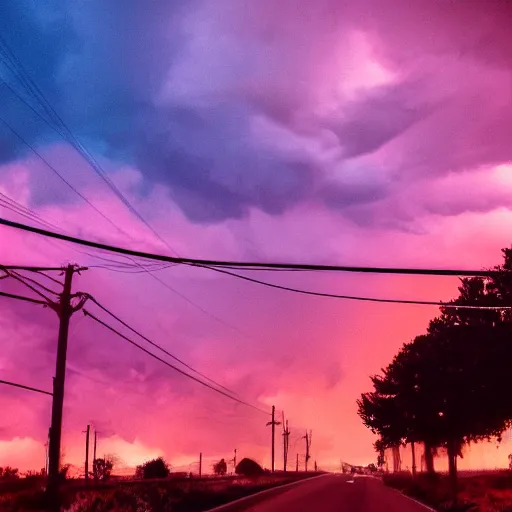 Image similar to low angle, pink golden clouds, blue sky, golden hour, telephone lines, thunder storm, lightening, detailed, photograph, award wining, trending on artstation, 4k, unreal engine 5, octane render, neon highlights