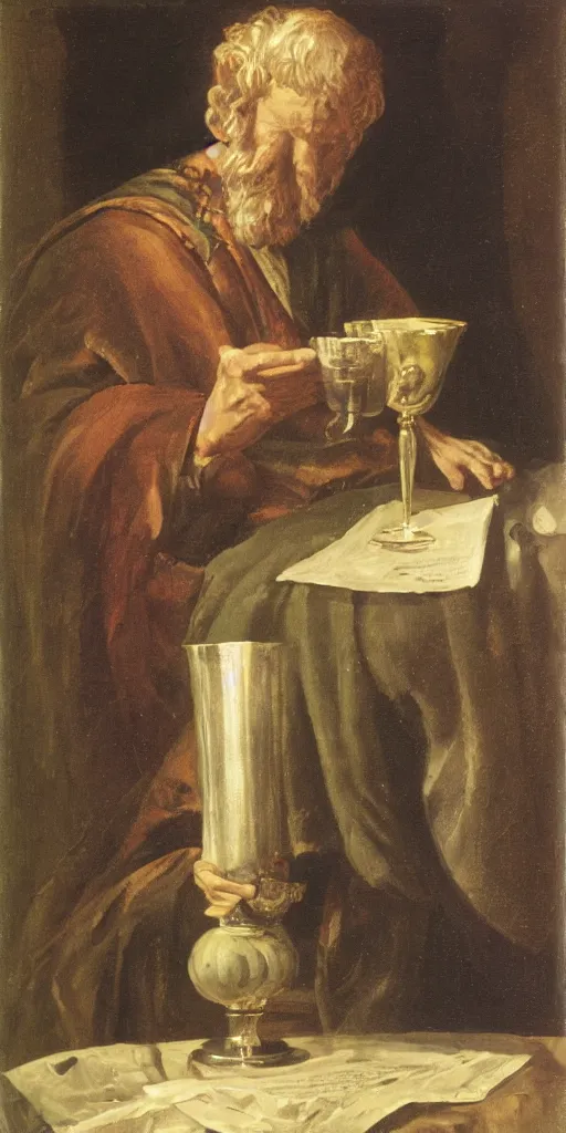 Prompt: a mystical man with a goblet on the table